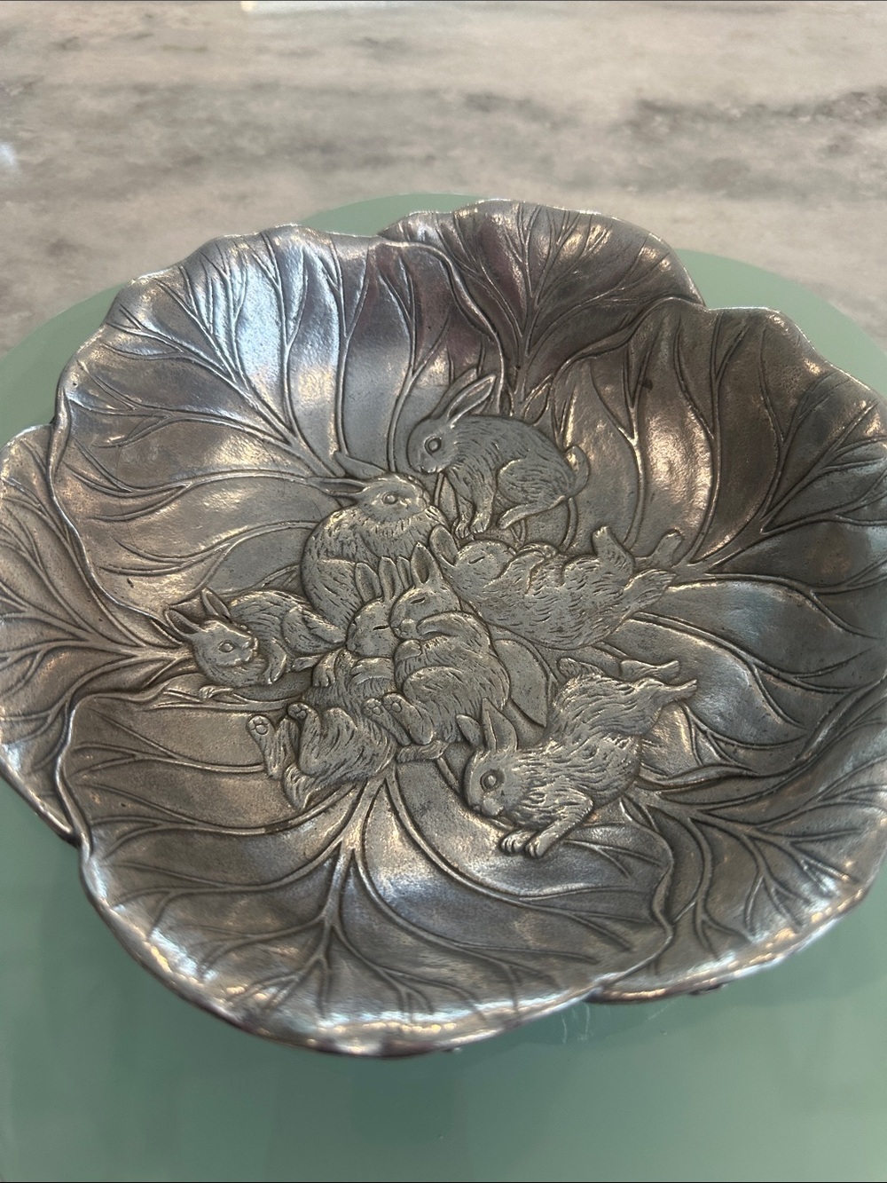 Decorative Bunny Dish in Metallic Pewter Tone 
Arthur  Court 8” small bowl
